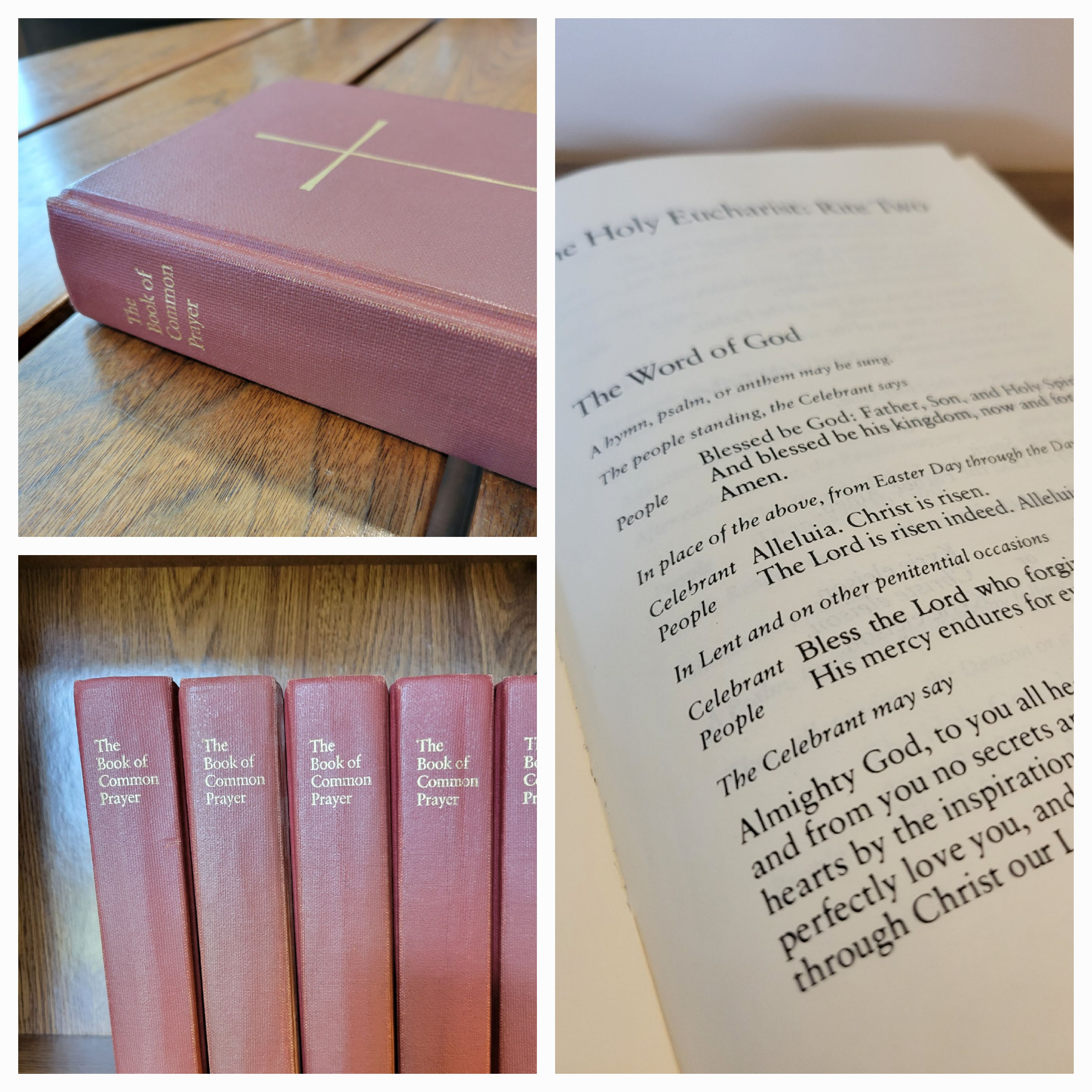 pictures of Book of Common Prayer on shelf and open